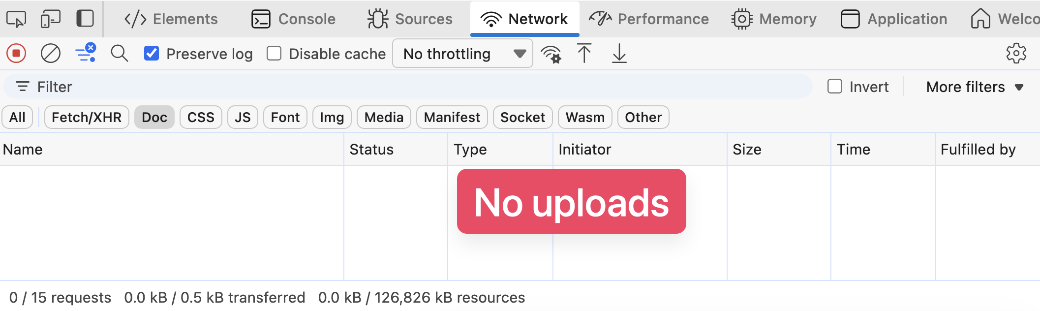 Browser DevTools showing network tab with zero uploads