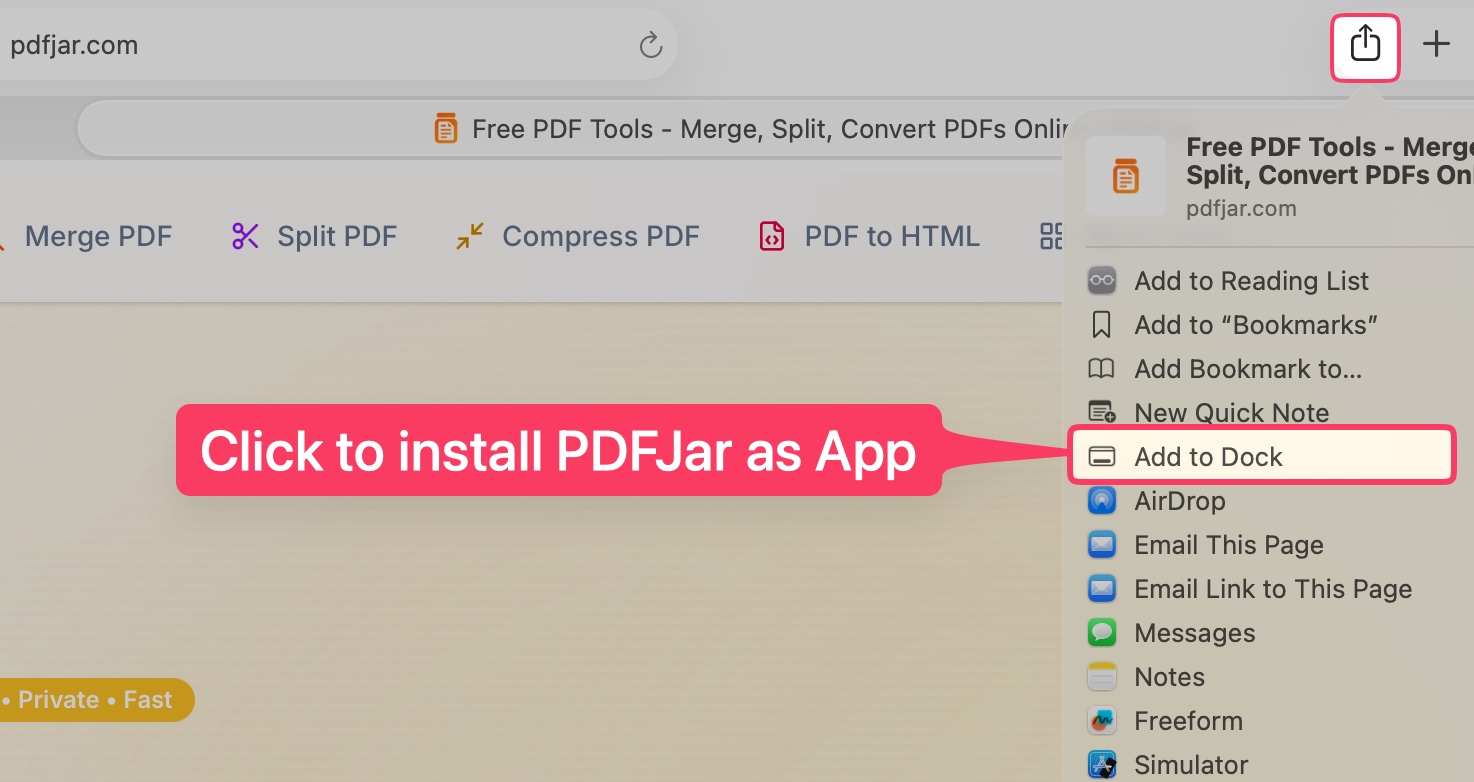 Install PDFJar on Safari - Use File menu to add to Dock